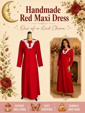 Handmade Red Maxi Dress White Lace Appliqué Long Sleeve Size XXSmall-XSmall